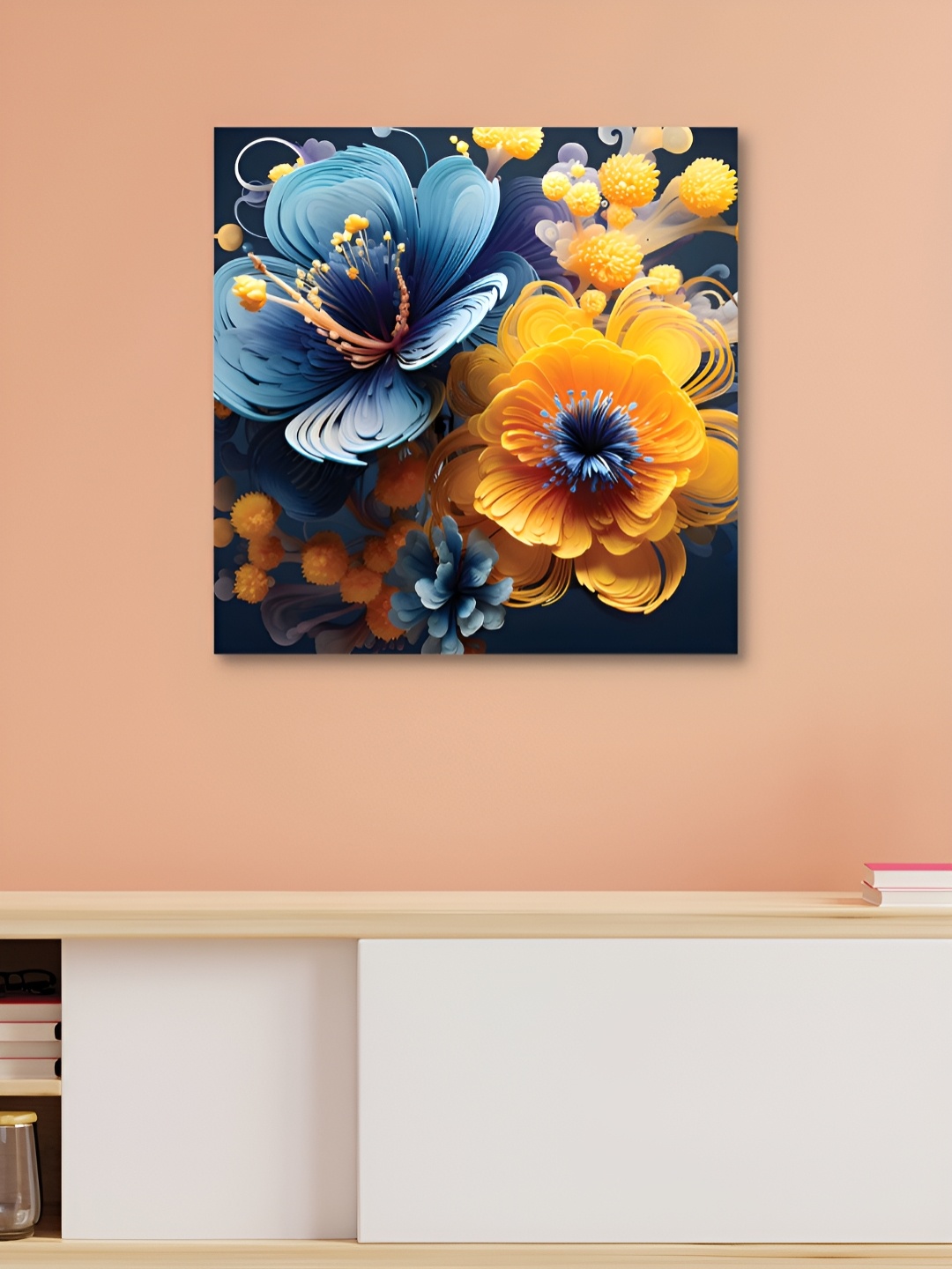 

HOOMDECO Mustard Yellow & Blue Floral Canvas Wall Art