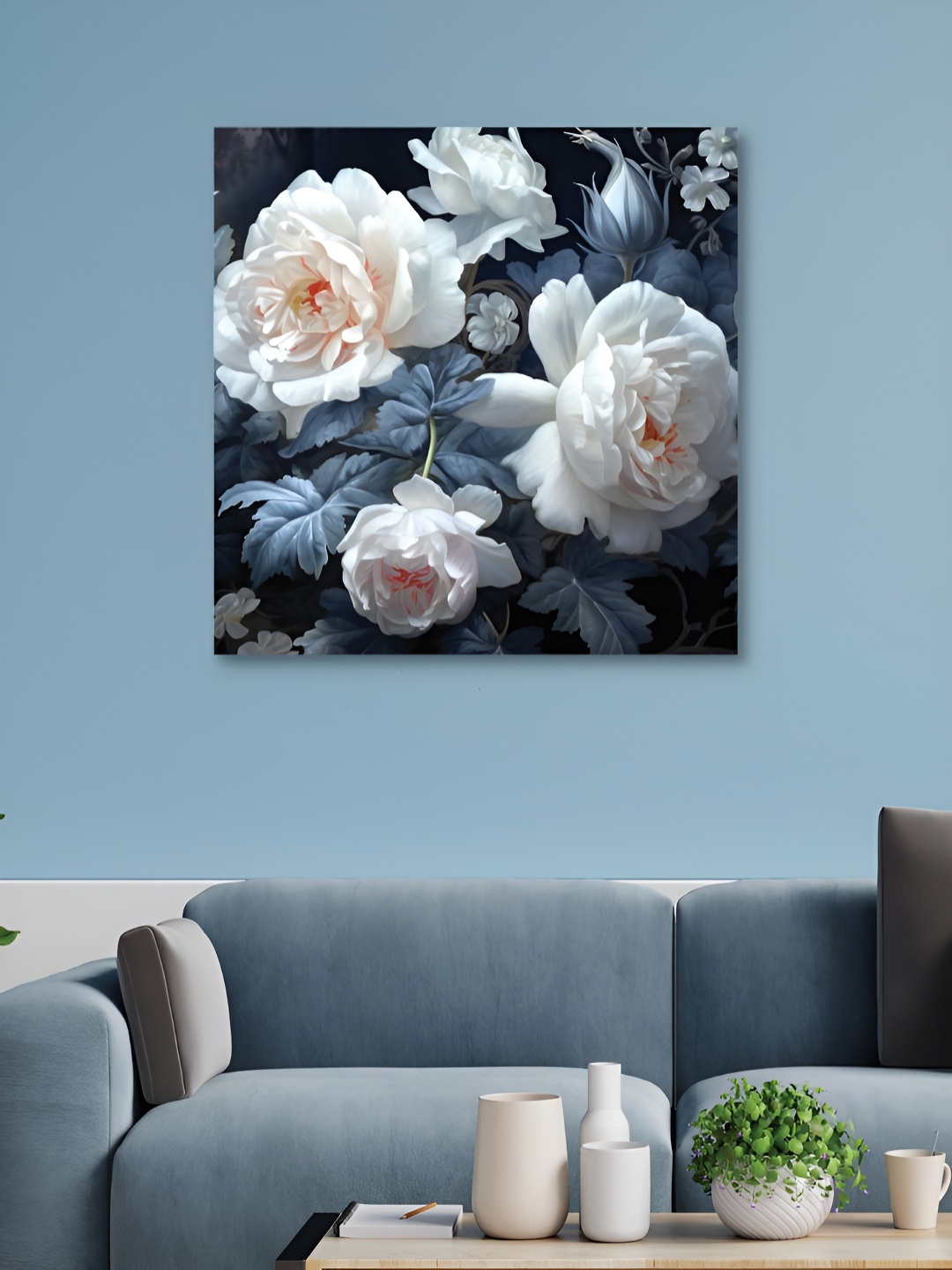 

HOOMDECO White & Blue Floral Canvas Painting Wall Art