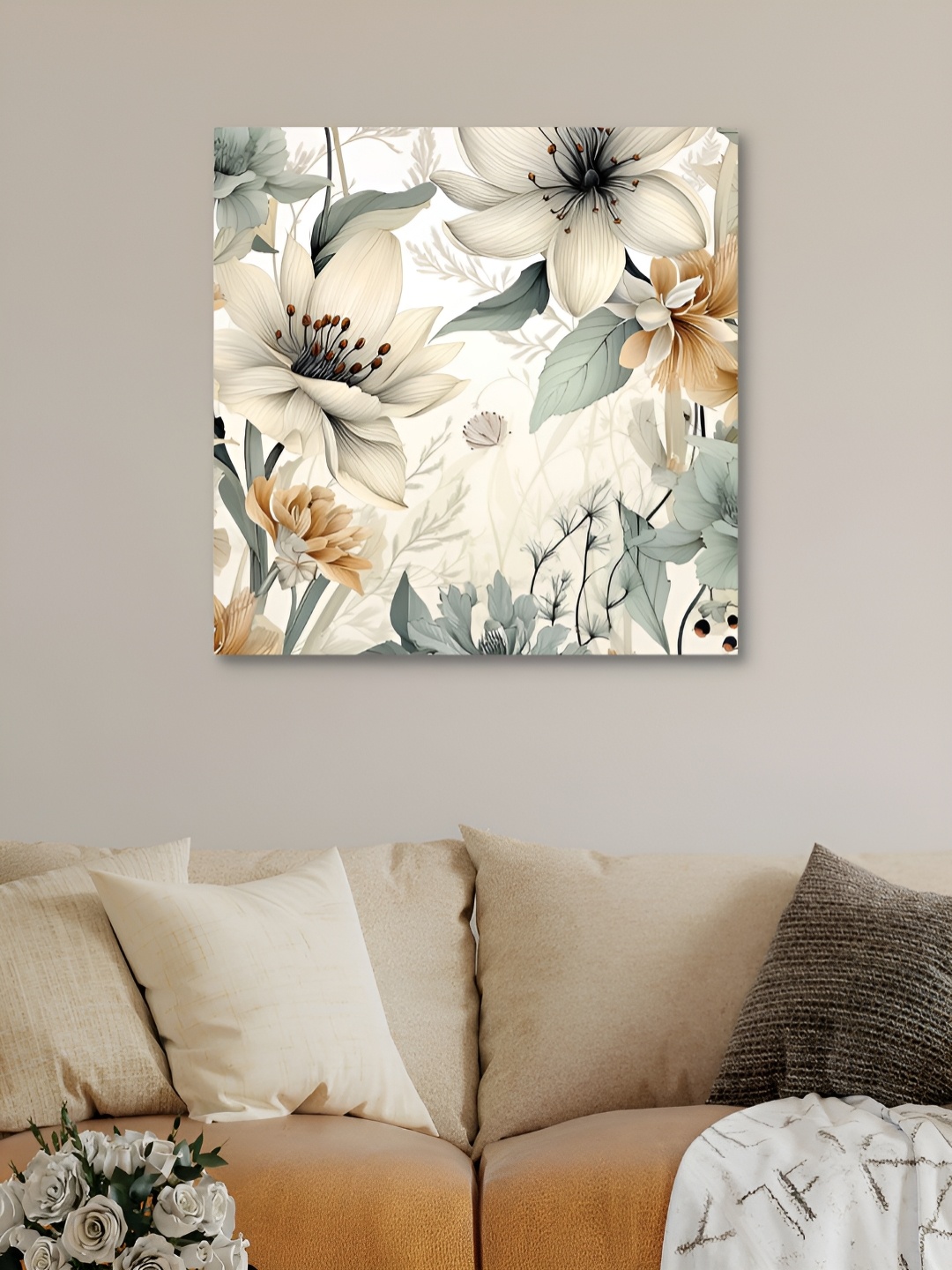

HOOMDECO White & Grey Floral Canvas Painting Wall Art