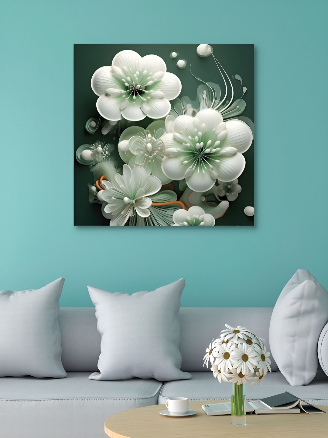 

HOOMDECO White & Green Floral Canvas Painting Wall Art