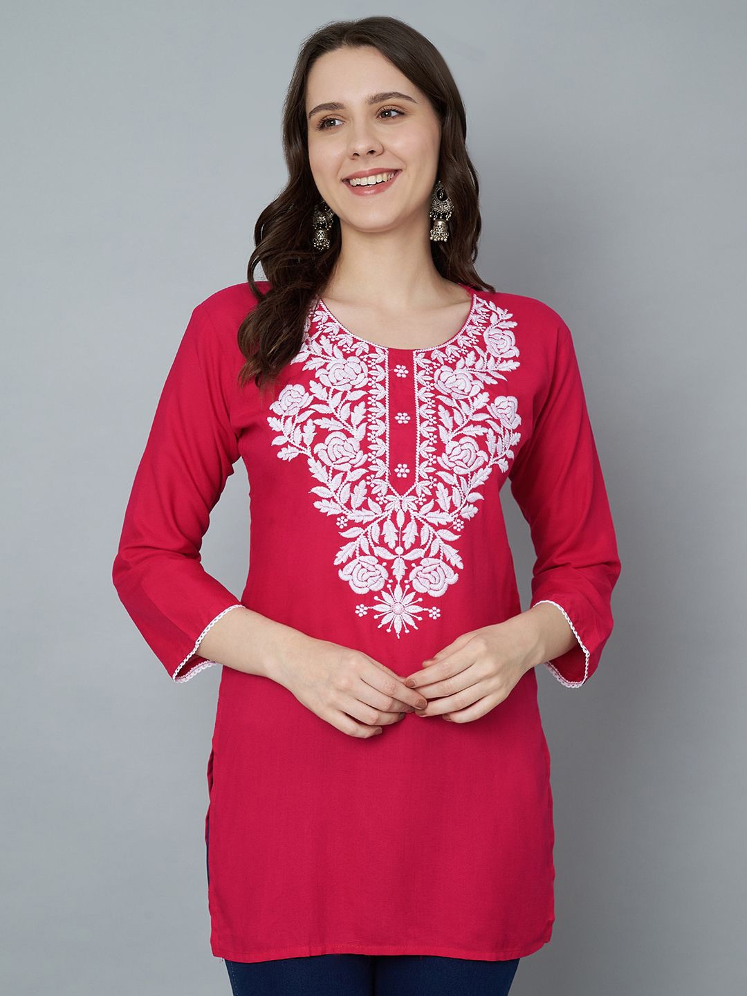 Trend Level Floral Embroidered Thread Work Thread Work Kurti, Magenta