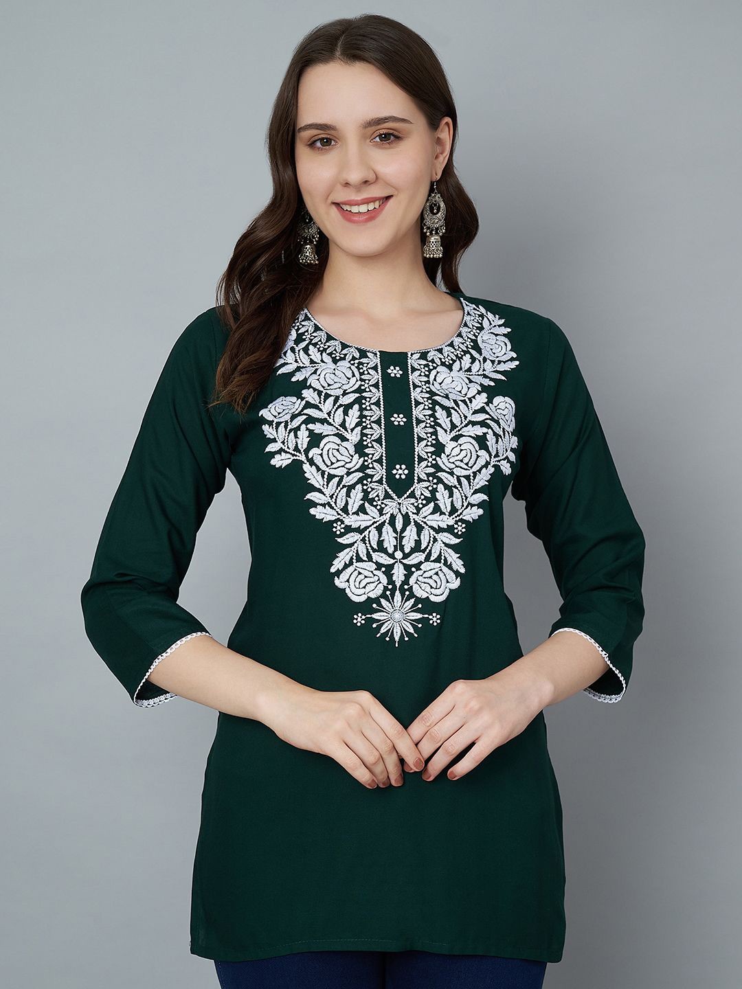 Trend Level Embroidered Thread Work Thread Work Kurti, Green