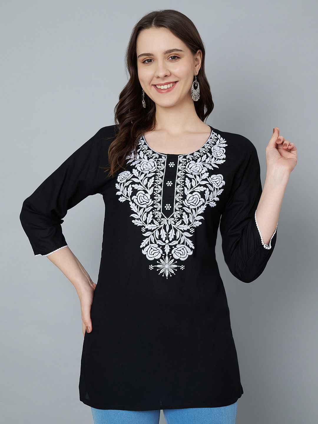 Trend Level Embroidered Thread Work Thread Work Kurti, Black