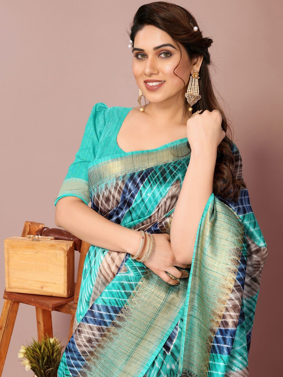 

KALINI Ethnic Motifs Printed Zari Saree, Turquoise blue