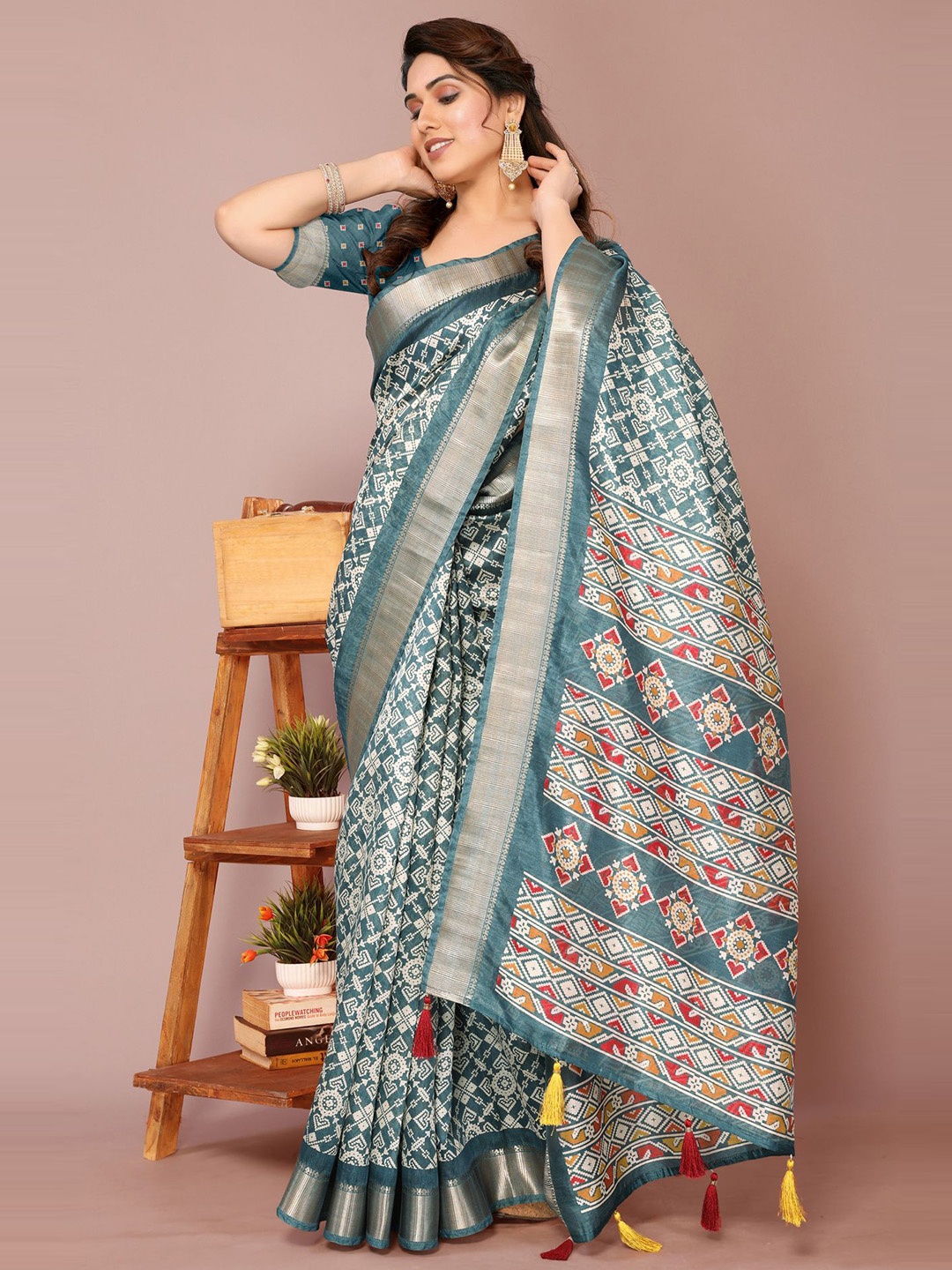 

KALINI Ethnic Motifs Zari Ikat Saree, Blue
