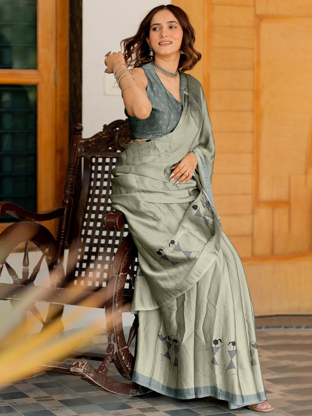 

KALINI Warli Block Print Saree, Olive