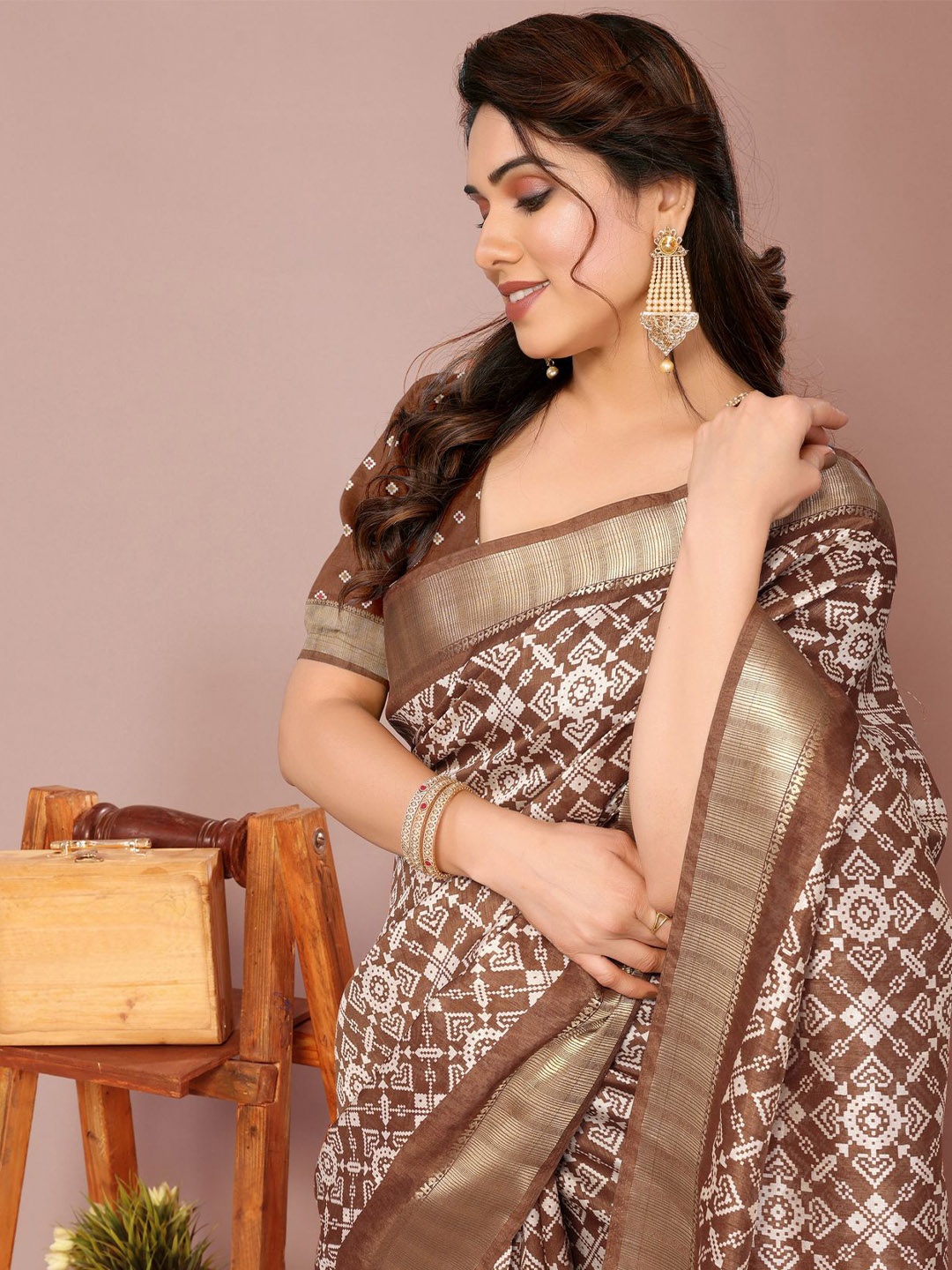 

KALINI Ethnic Motifs Zari Ikat Saree, Brown