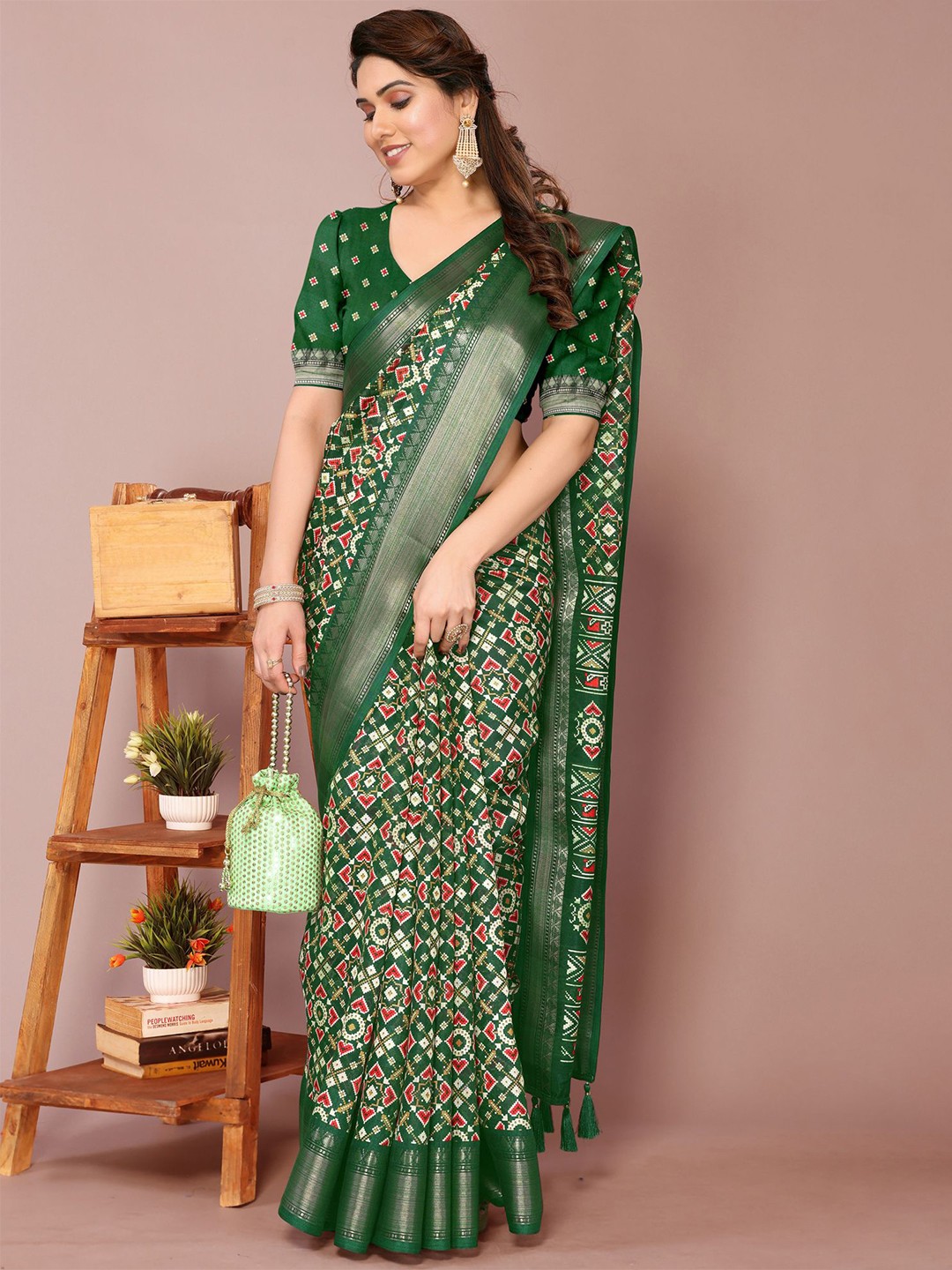 

KALINI Zari Ikat Saree, Green