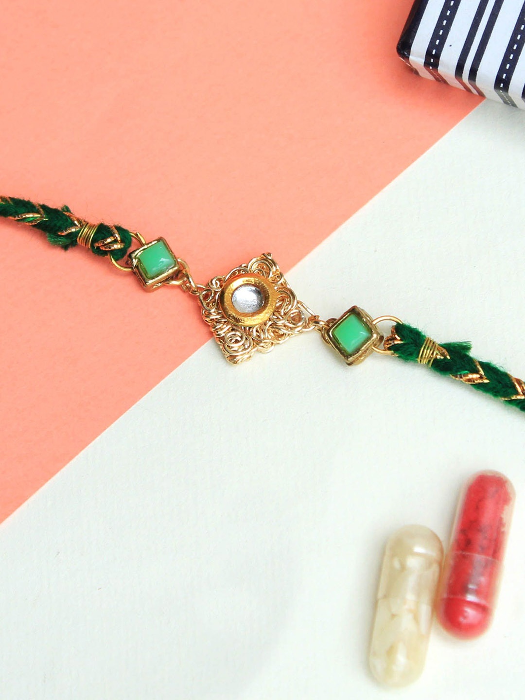 

BeAbhika Kundan With Mesh Thread Rakhi With Roli Chawal, Gold
