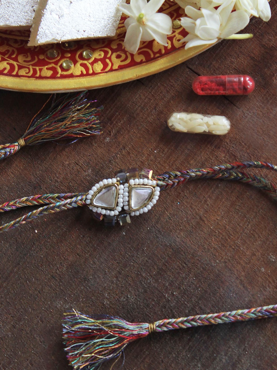 

BeAbhika Kundan Beaded Braided Thread Rakhi With Roli Chawal, White