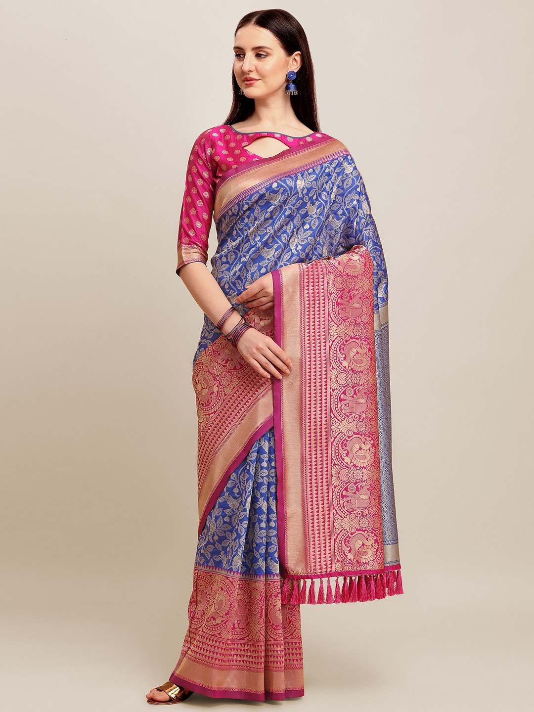 

KALINI Ethnic Motifs Zari Banarasi Saree, Blue