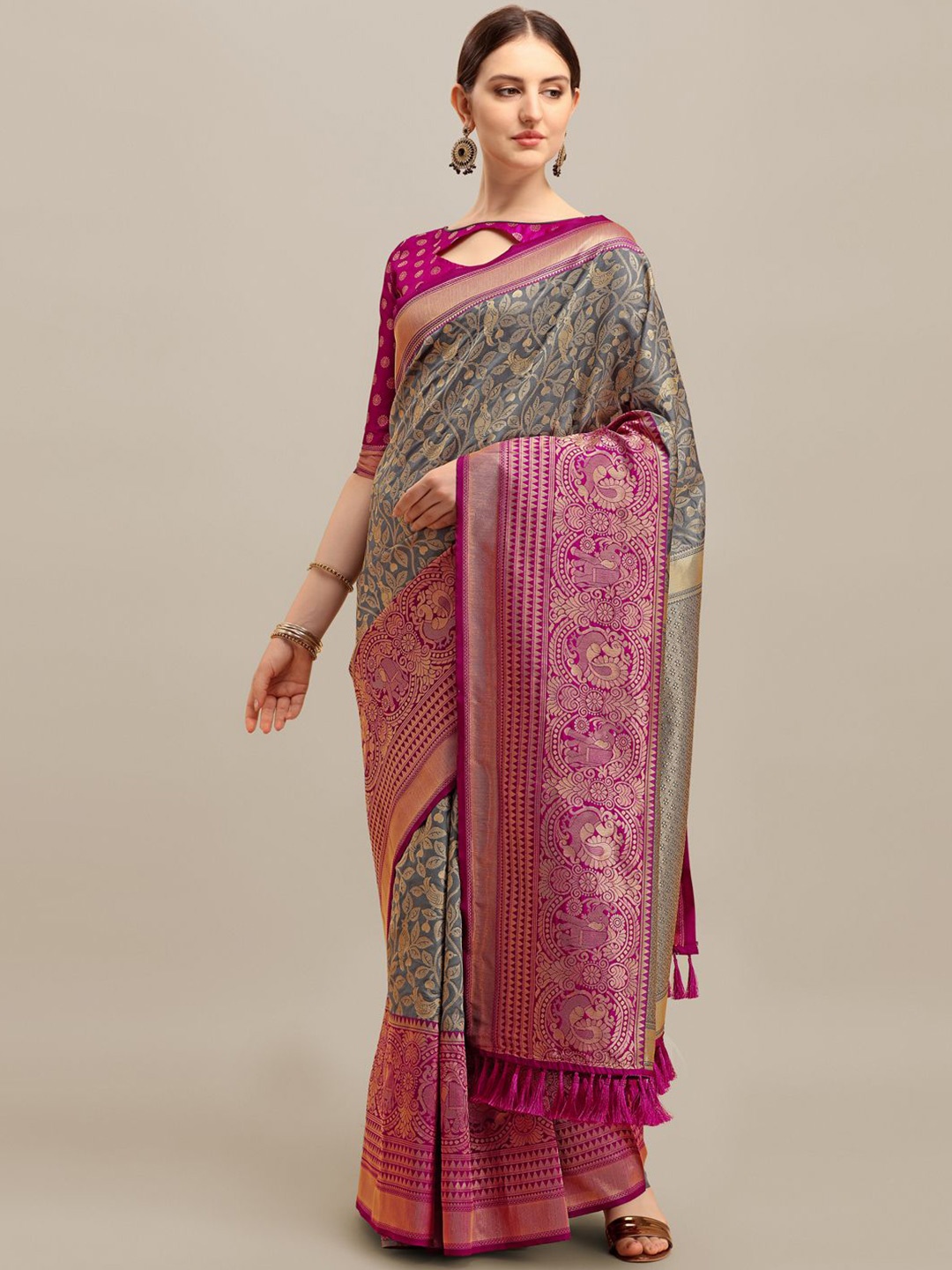 

KALINI Ethnic Motifs Woven Design Zari Banarasi Saree, Grey