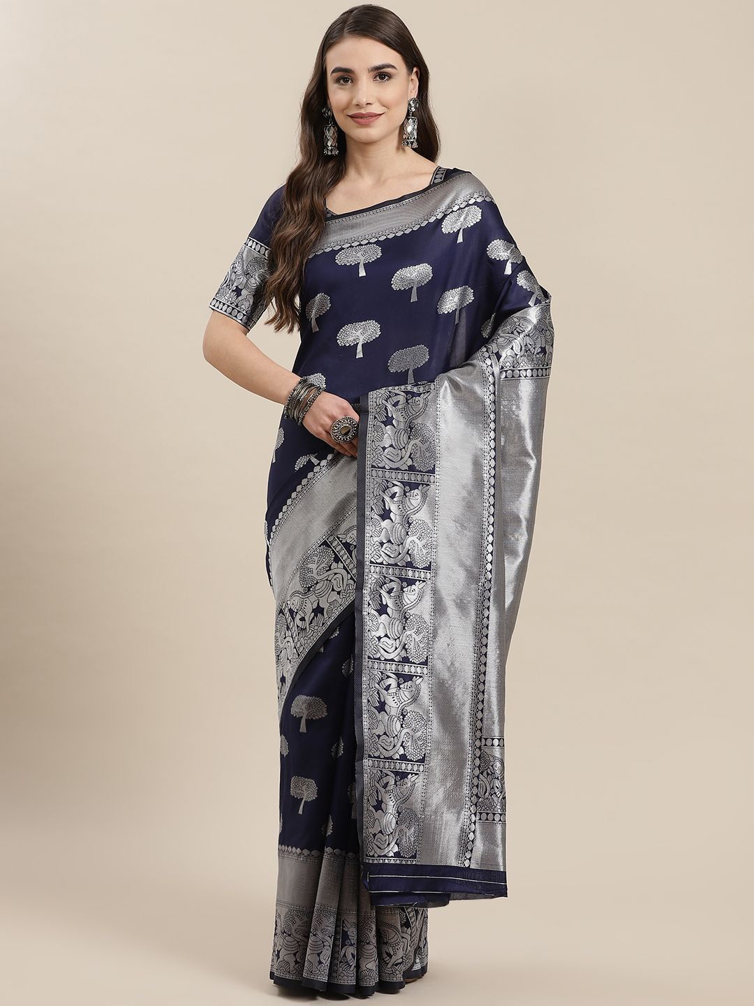 

KALINI Woven Design Zari Banarasi Saree, Navy blue