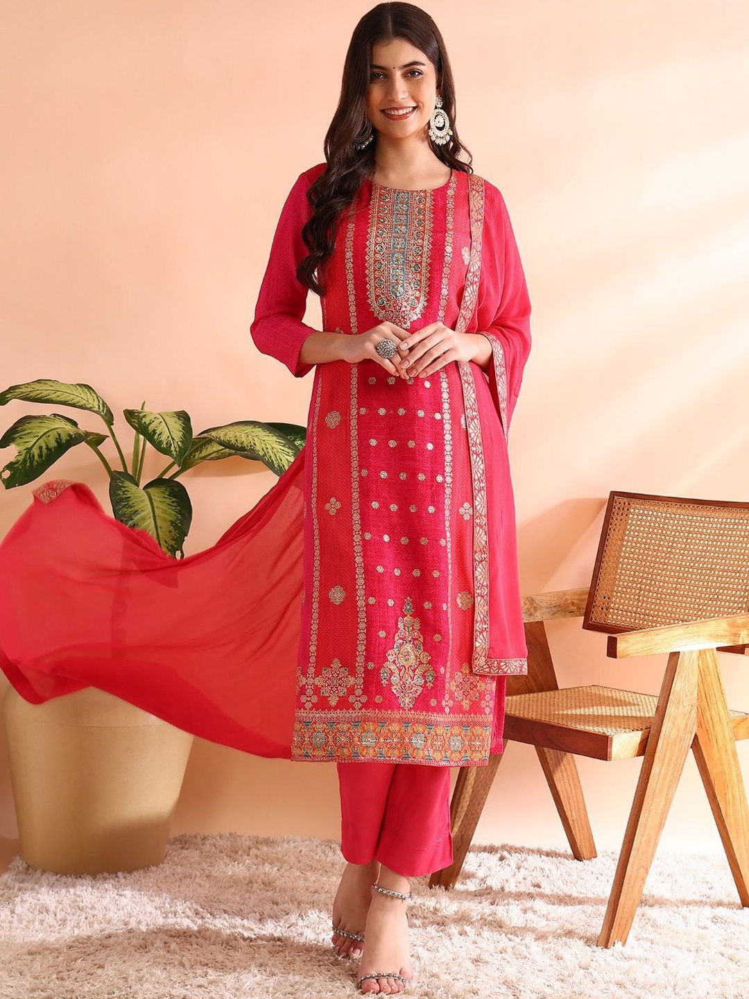 

KALINI Ethnic Motifs Woven Design Straight Kurta With Trousers & Dupatta, Pink
