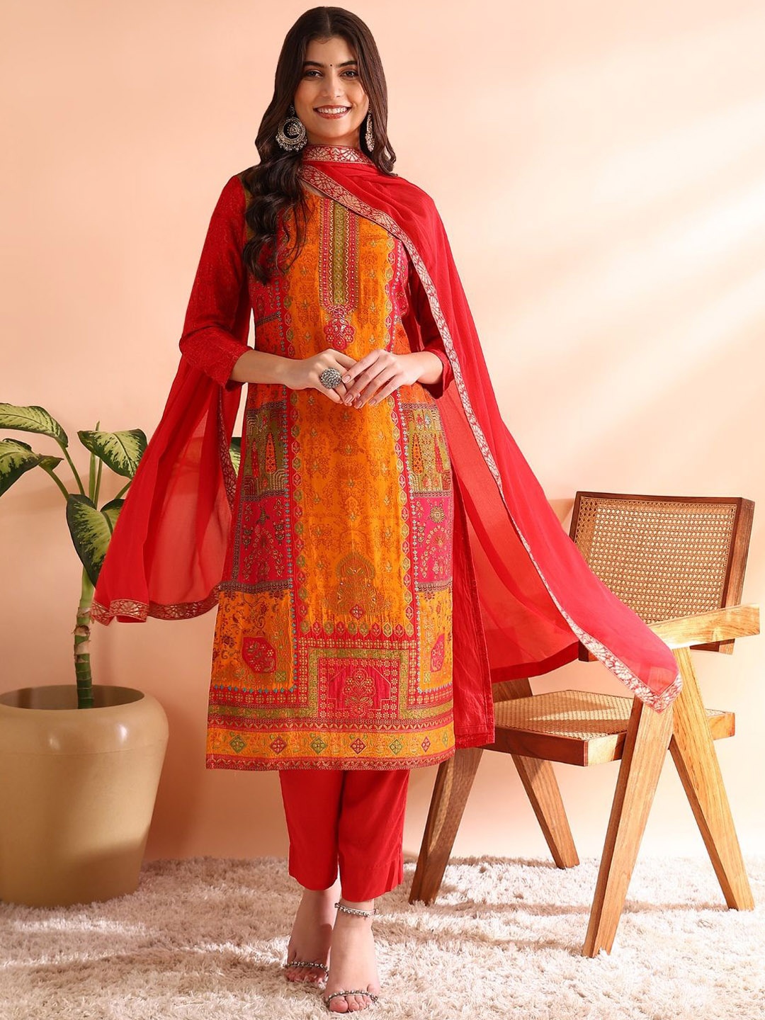 

KALINI Woven Design Sequinned Jacquard Weave Chanderi Silk Kurta with Trousers & Dupatta, Red