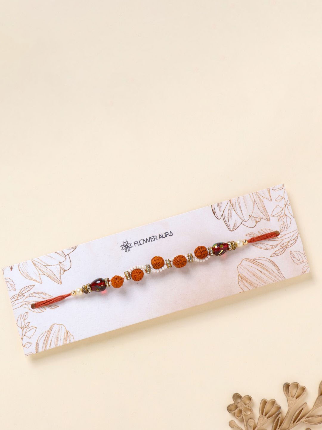 

Floweraura Elegant Rudraksha and Pearl Thread Bracelet Rakhi with Roli Chawal, Red