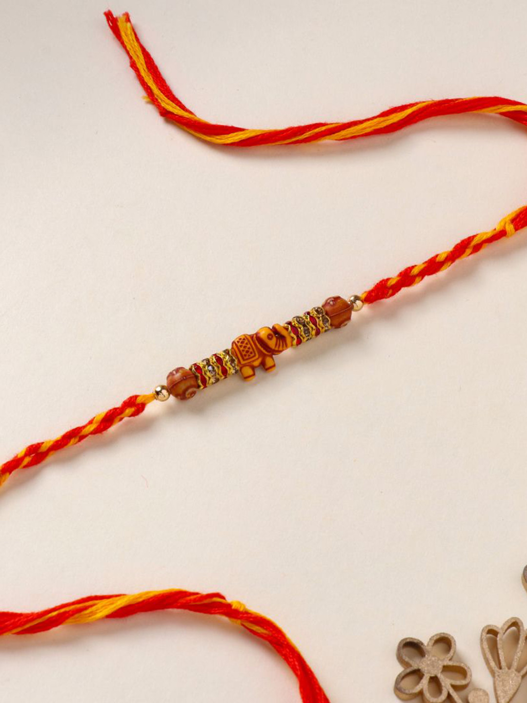 

Floweraura Elephant Mauli Beaded Thread Bracelet Rakhi with Roli Chawal, Red