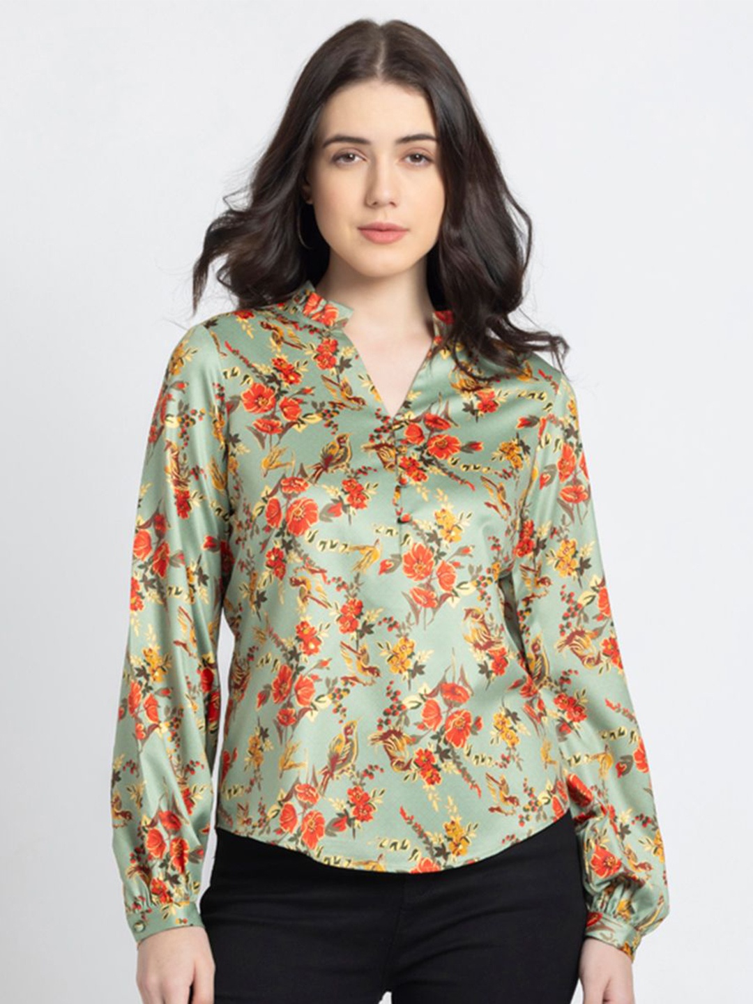 

SHAYE Floral Printed Mandarin Collar Top, Green