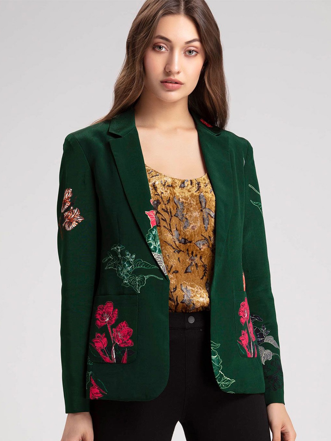 

SHAYE Notched Lapel Floral Printed Open Front Casual Blazer, Green