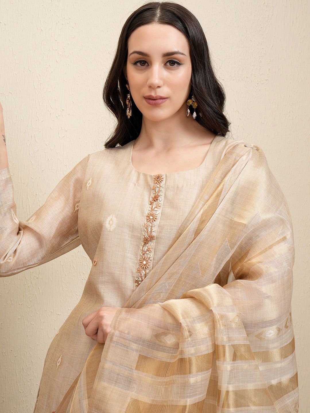 

Vishudh Beige Floral Woven Design Mirror Work Pure Cotton Kurta with Trousers & Dupatta