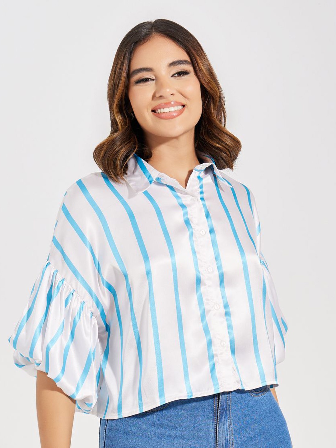 

Styli White & Blue Boxy Fit Vertical Striped Puffed Sleeves Satin Casual Shirt