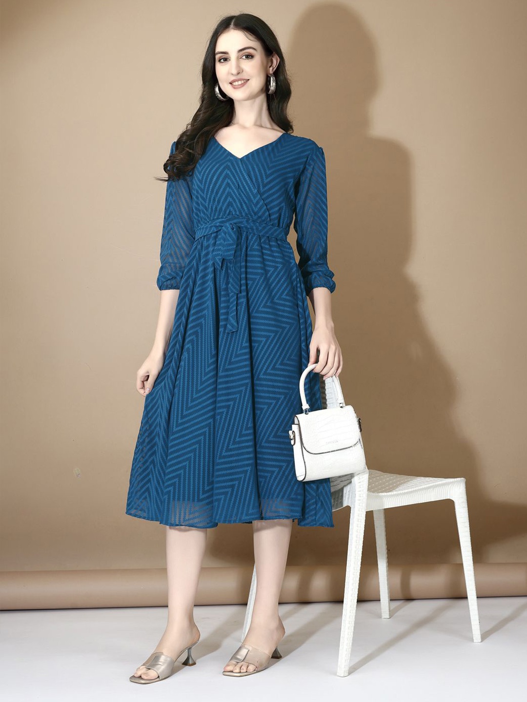 

KALINI Self Design Georgette A-Line Midi Dress, Blue