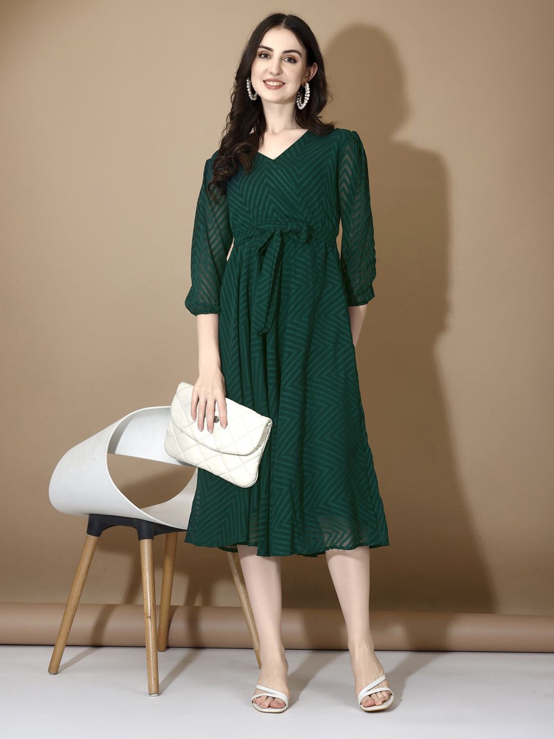 

KALINI Women Polka Dot Printed V-Neck Georgette Puff Sleves Gown Midi Dress, Green