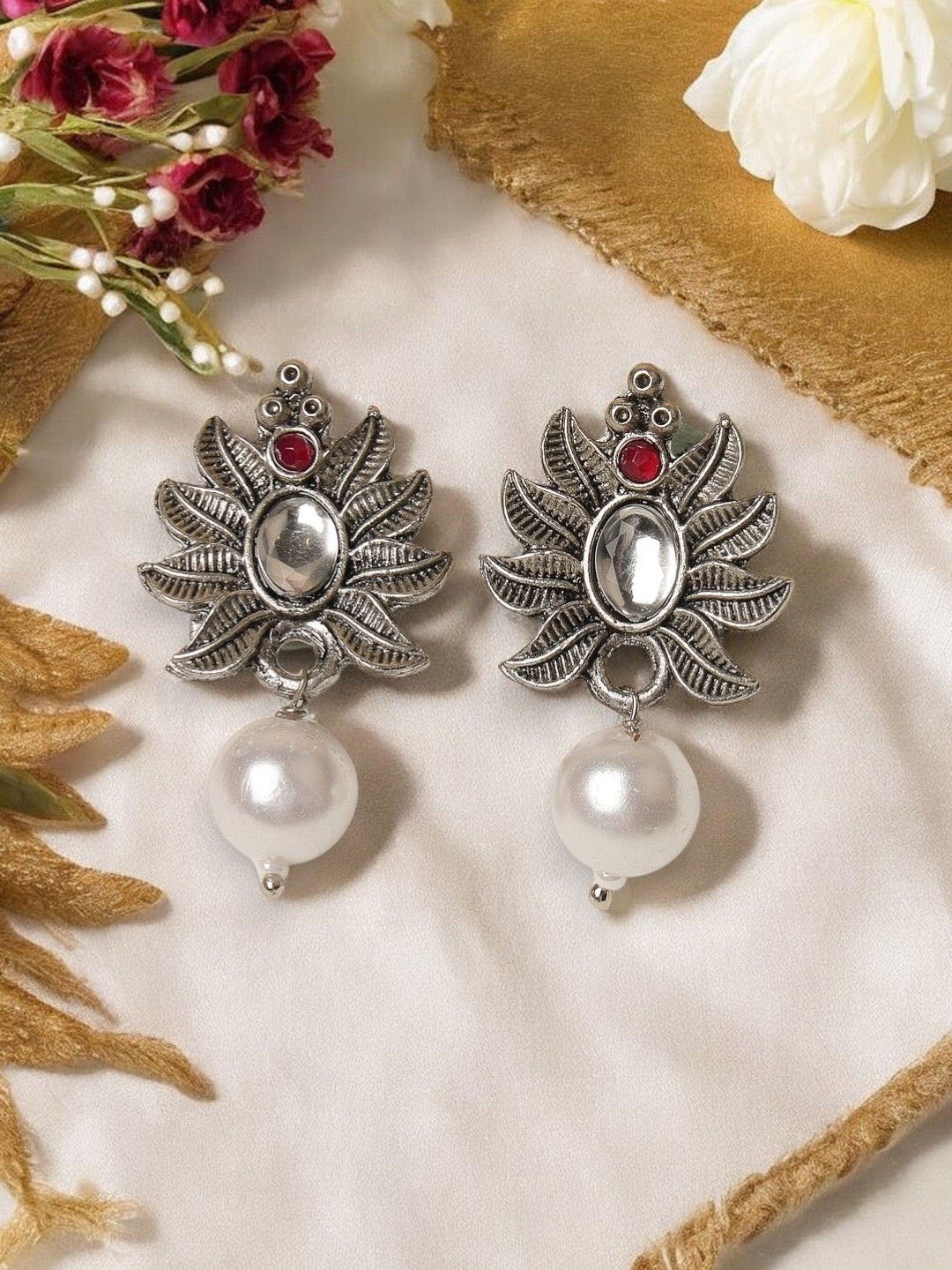 

ADIVA Silver-Plated Kundan Studded & Pearls Beaded Oxidised Leaf Shaped Drop Earrings