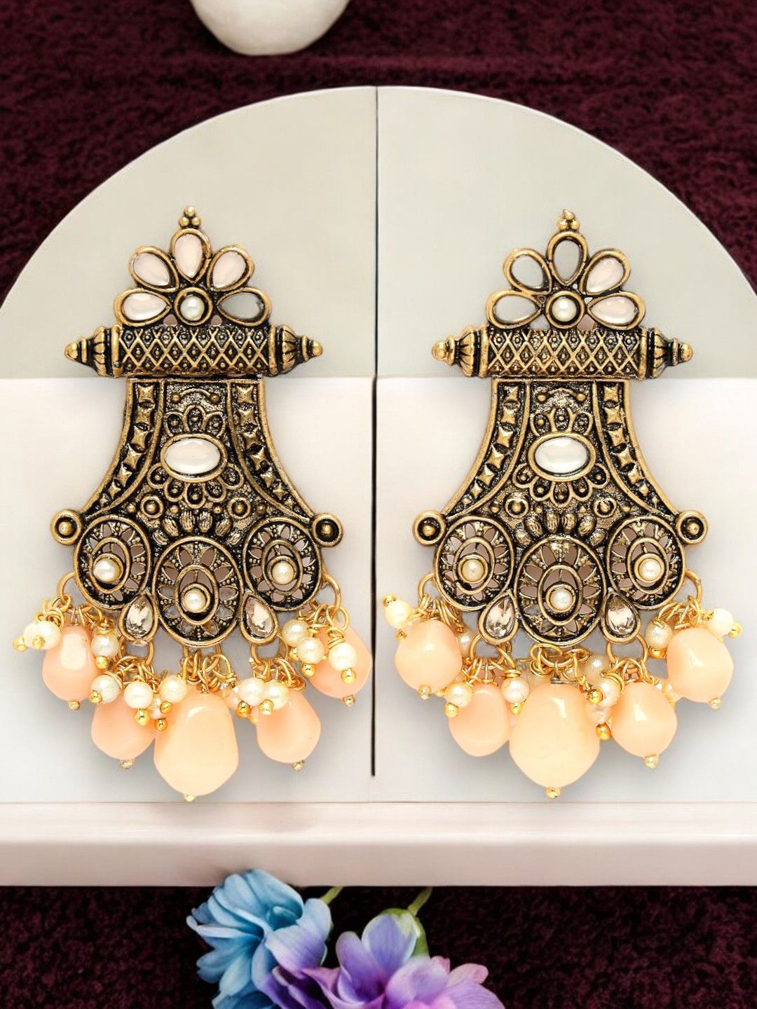 

ADIVA Gold-Plated Stone-Studded Pearls Antique Drop Earrings