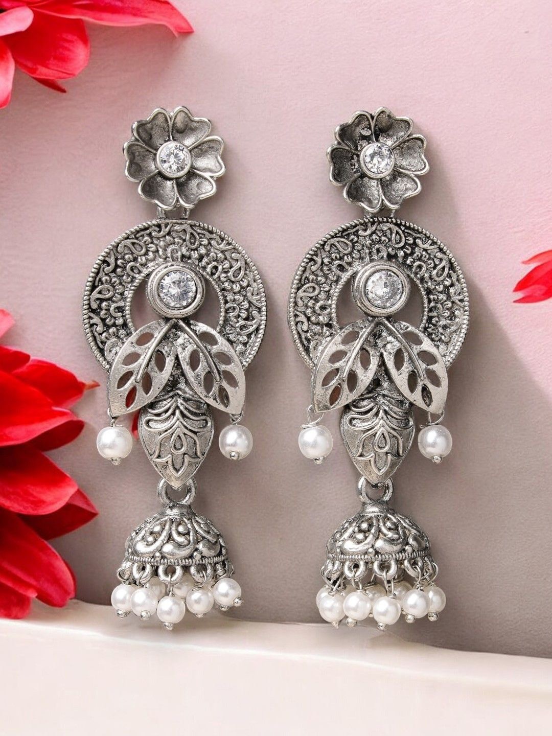 

ADIVA Silver-Plated Artificial Stones Studded Oxidised Floral Drop Earrings