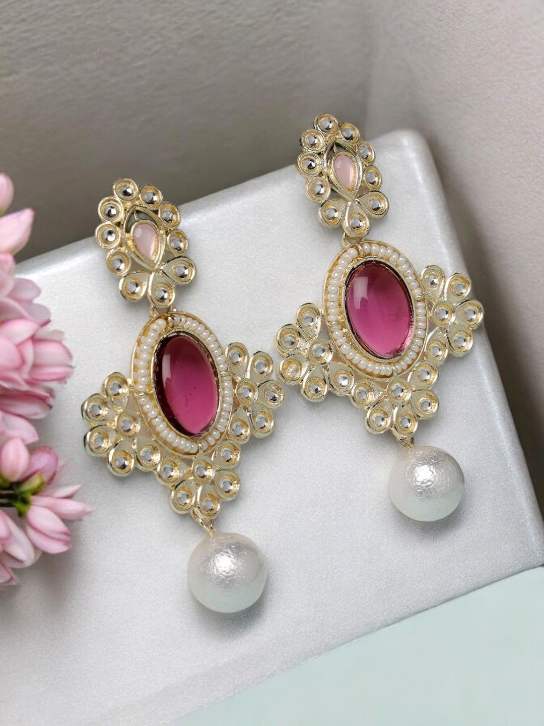 

ADIVA Gold-Plated Kundan Stone-Studded & Pearl Beaded Classic Drop Earrings