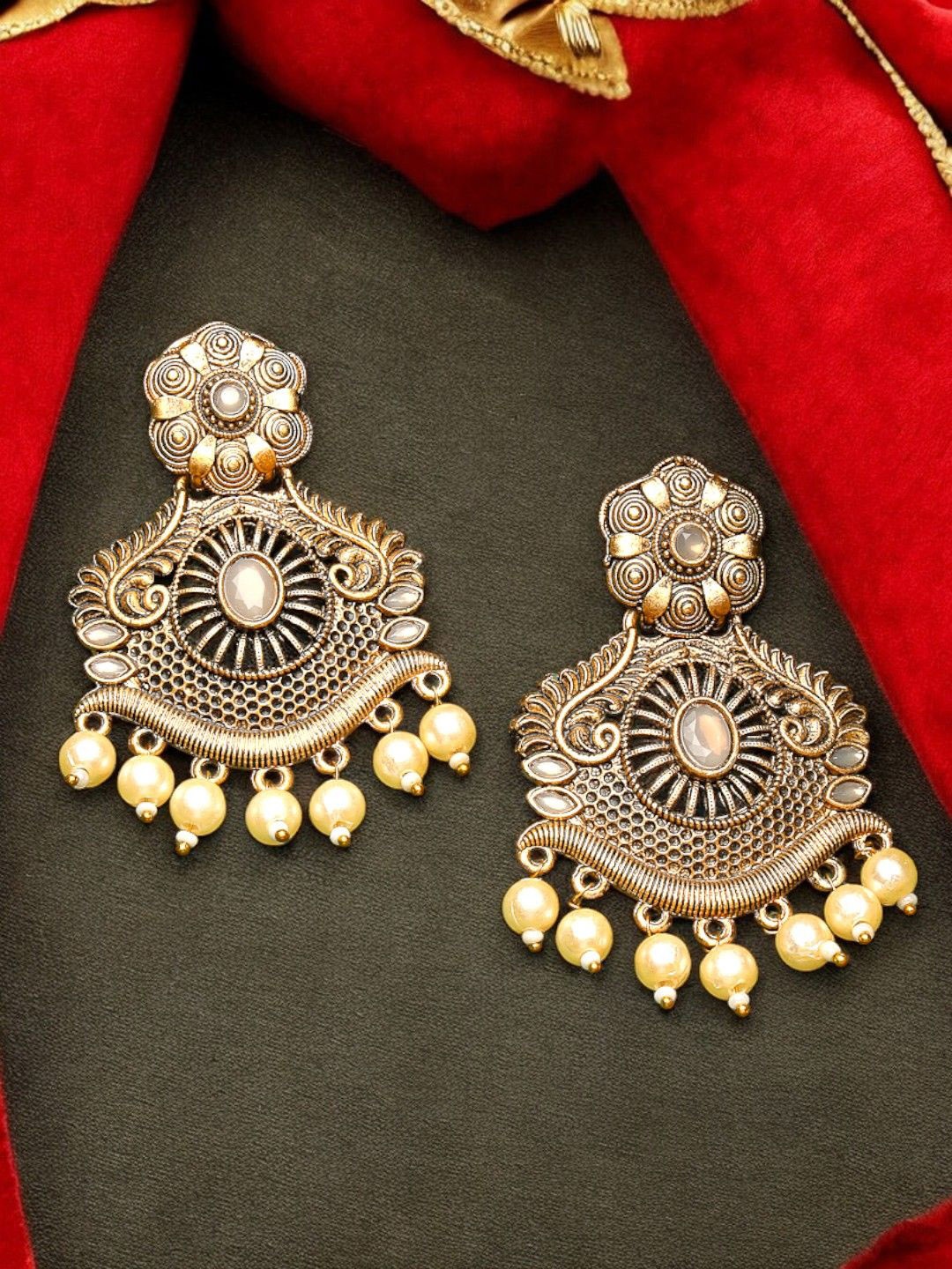 

ADIVA Gold-Plated Pearls Beaded Antique Contemporary Drop Earrings
