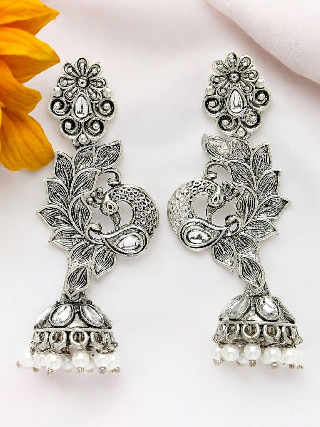 

ADIVA Silver-Plated Kundan Stone Studded Peacock Shaped Oxidised Jhumkas