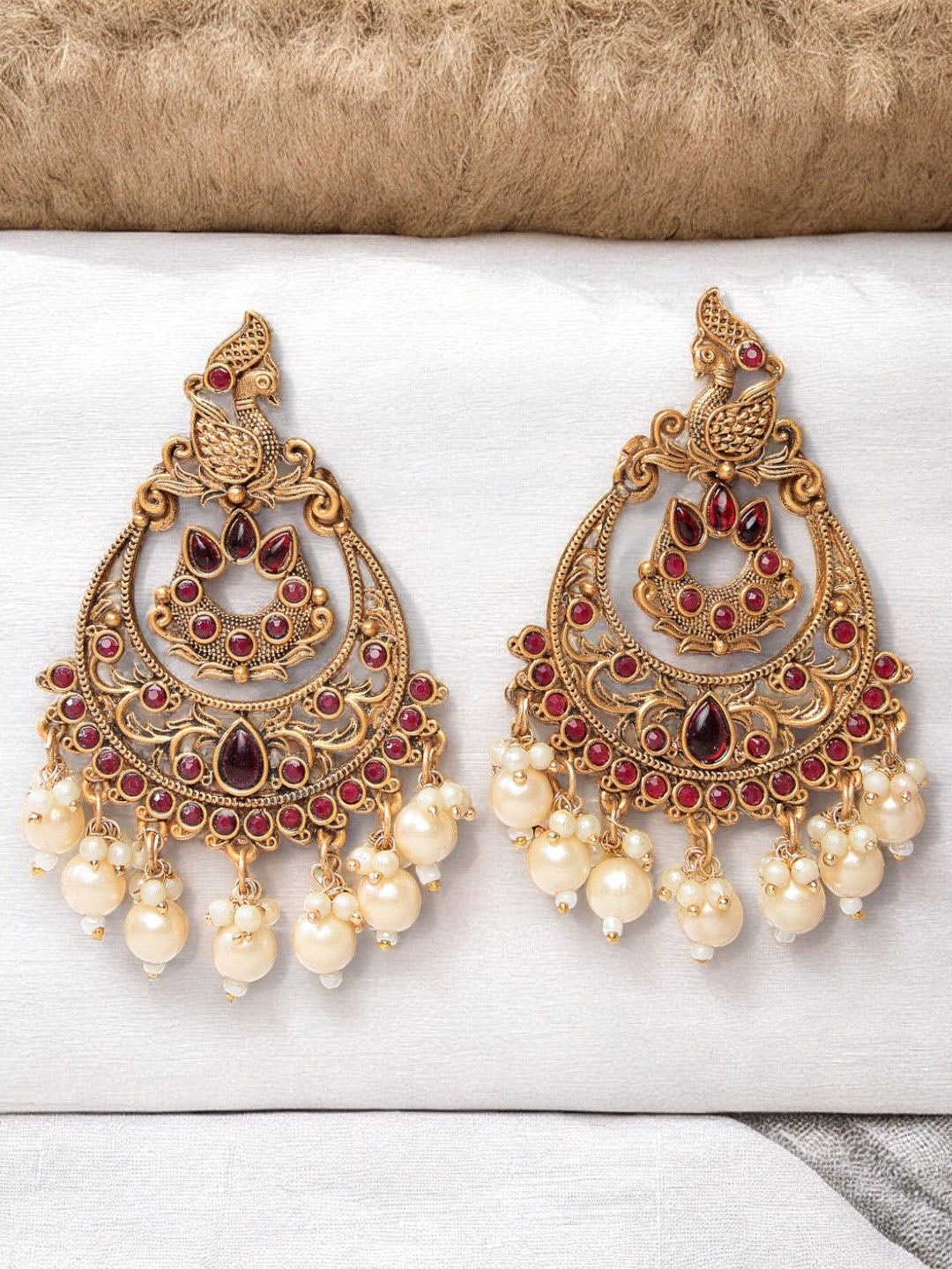 

ADIVA Gold-Plated Artificial Stones Antique Beaded Crescent Shaped Chandbalis