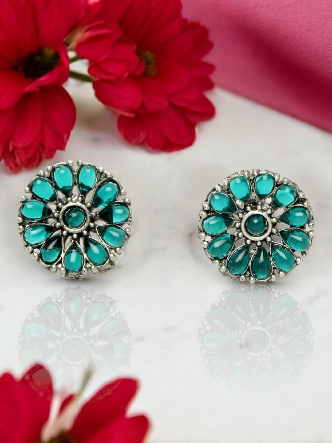 

ADIVA Silver-Plated Stones Studded Oxidised Floral Studs Earrings