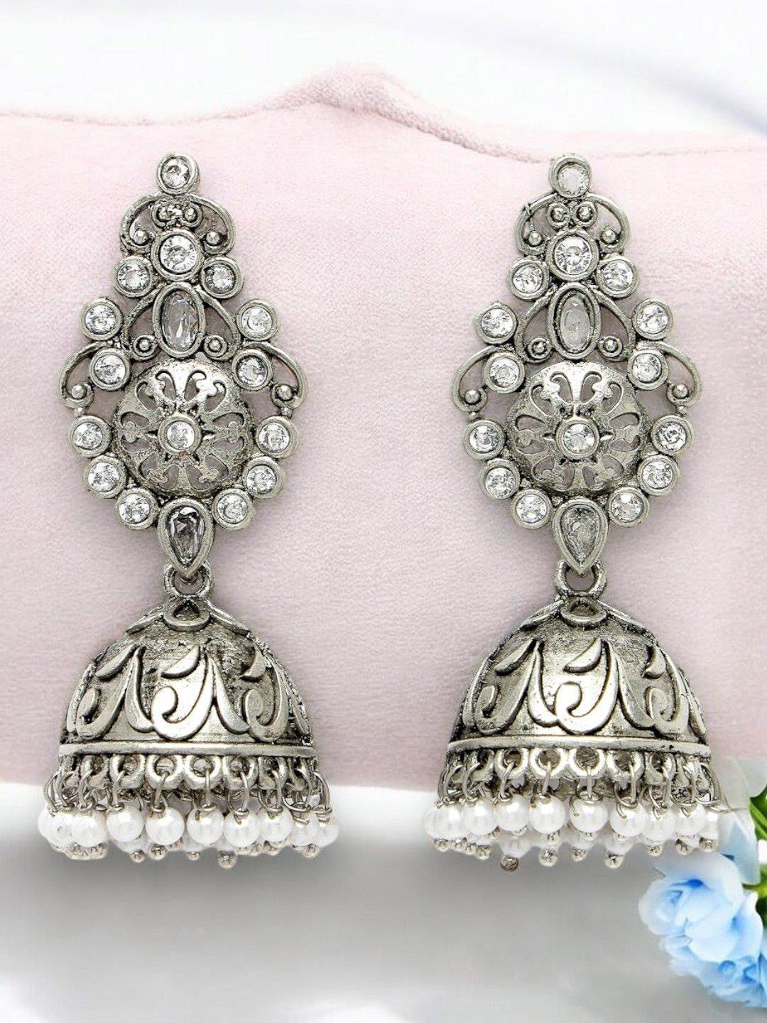 

ADIVA Silver-Plated Kundan Studded Oxidised Dome Shaped Jhumkas