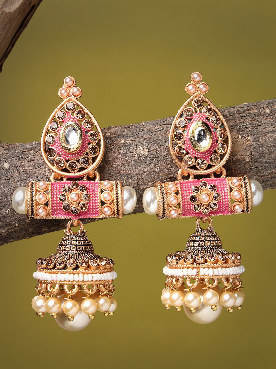 

ADIVA Gold Plated Kundan Studded & Pearls Beaded Dome Shaped Jhumkas