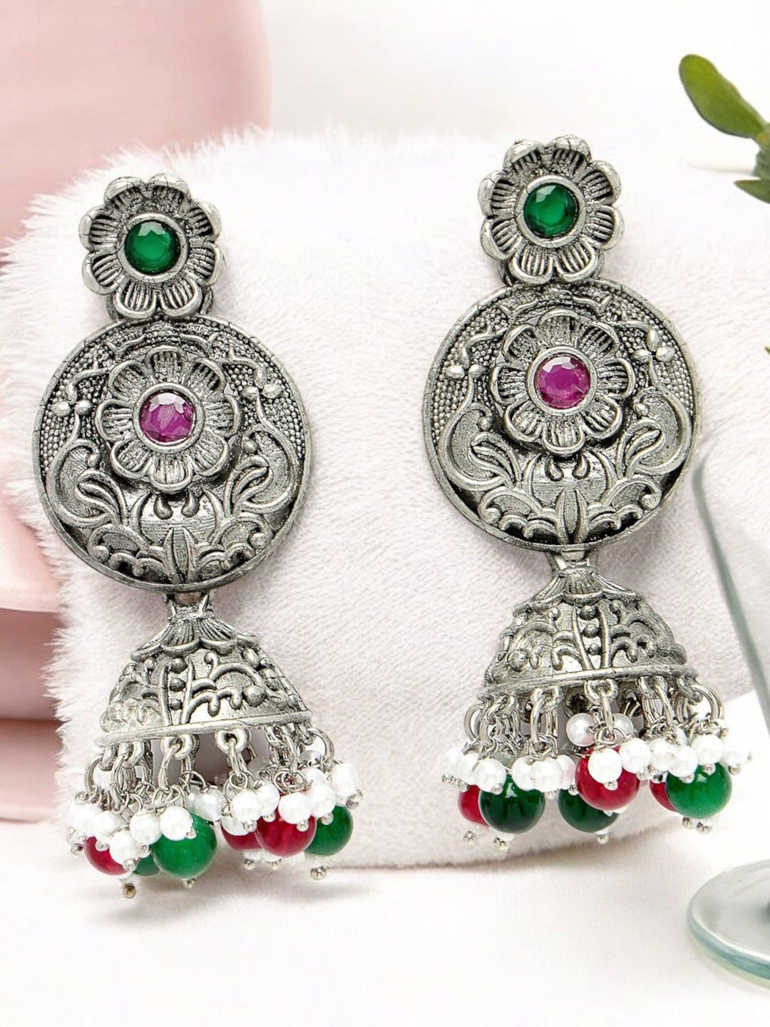 

ADIVA Silver-Plated Stones Studded & Pearls Beaded Oxidised Floral Drop Earrings