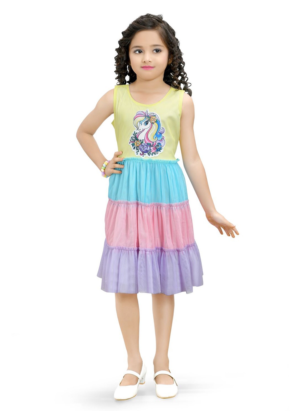 

Doodle Girls Floral Printed Net Fit & Flare Dress, Yellow