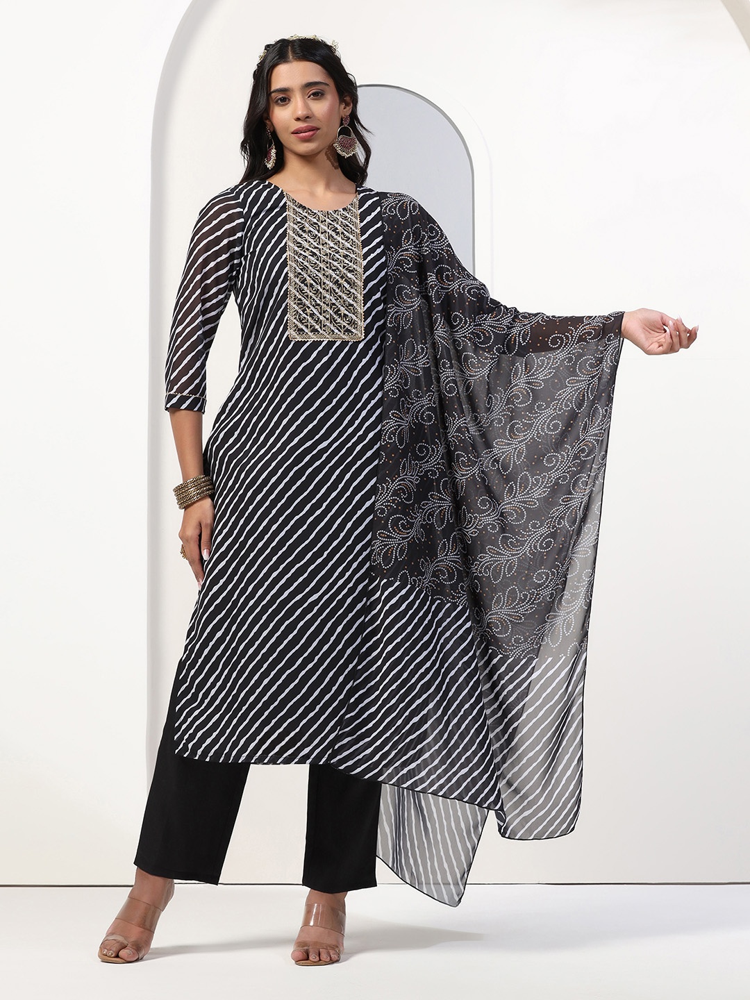 

FASHION DREAM Leheriya Printed Thread Work Georgette Kurta with Trousers & Dupatta, Black