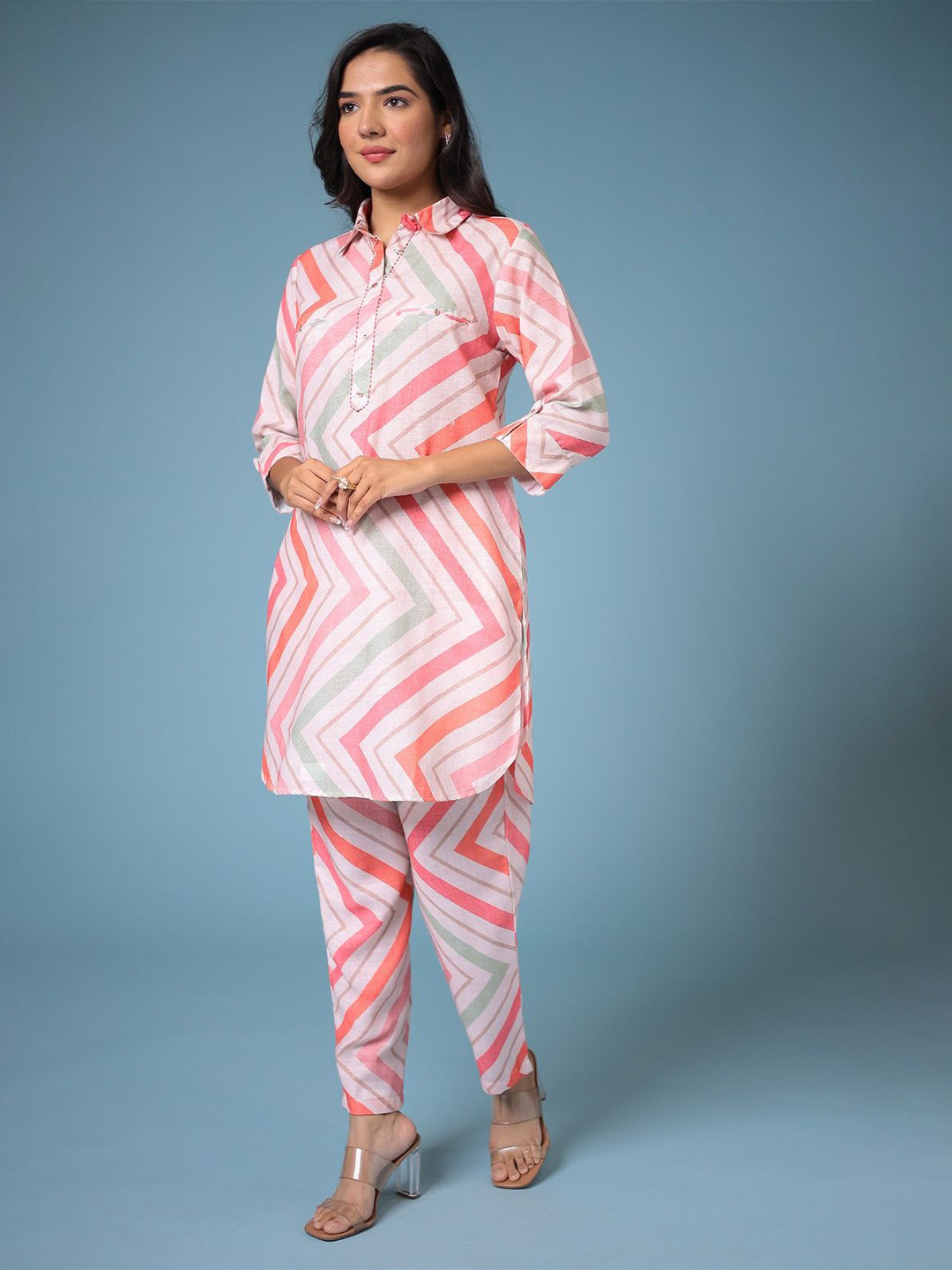 

ZARI Zig-Zag Striped Printed Top & Trousers, Pink