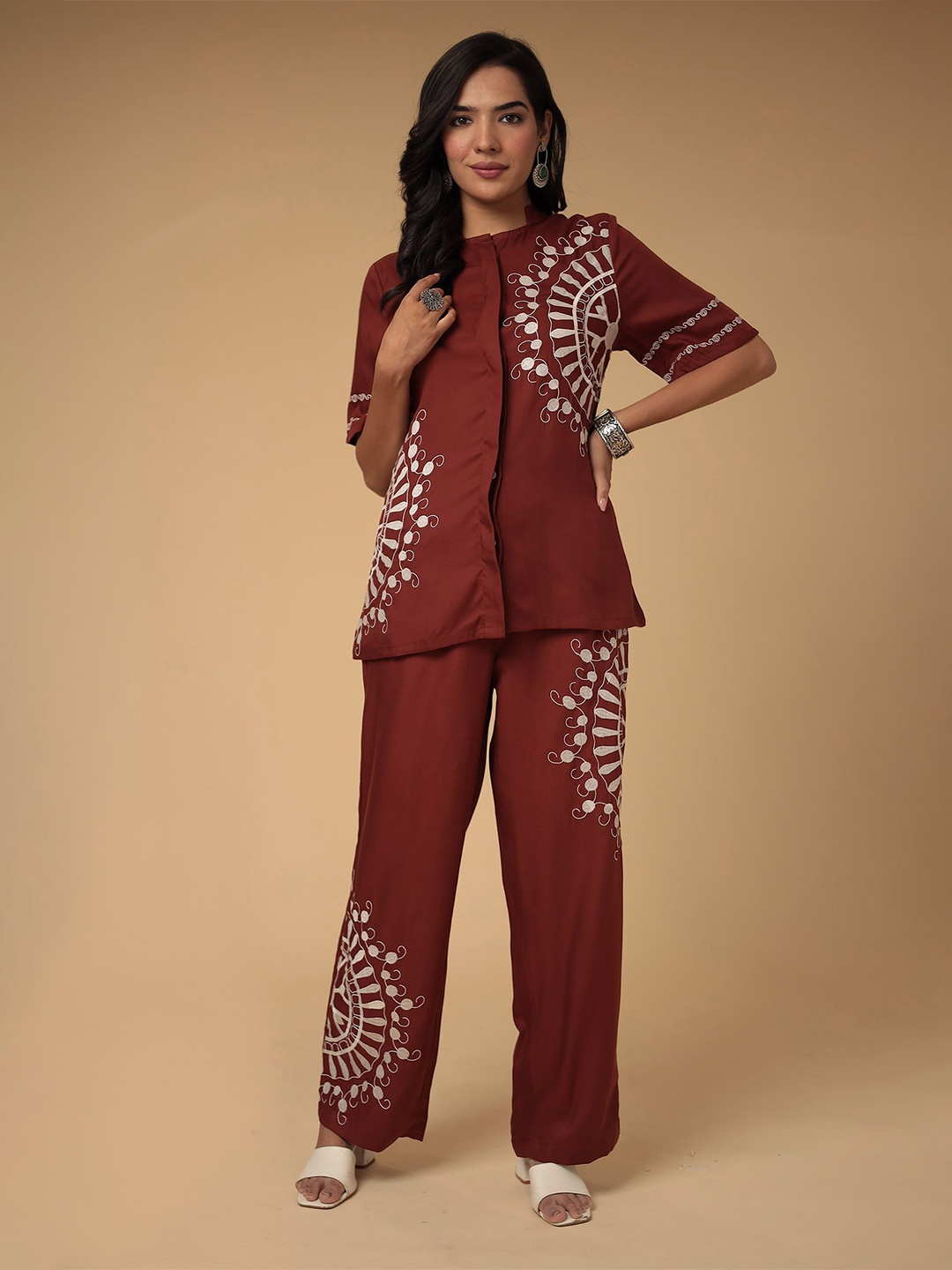 

ZARI Mandarin Collar Thread Work Pure Cotton Shirt & Trousers, Brown