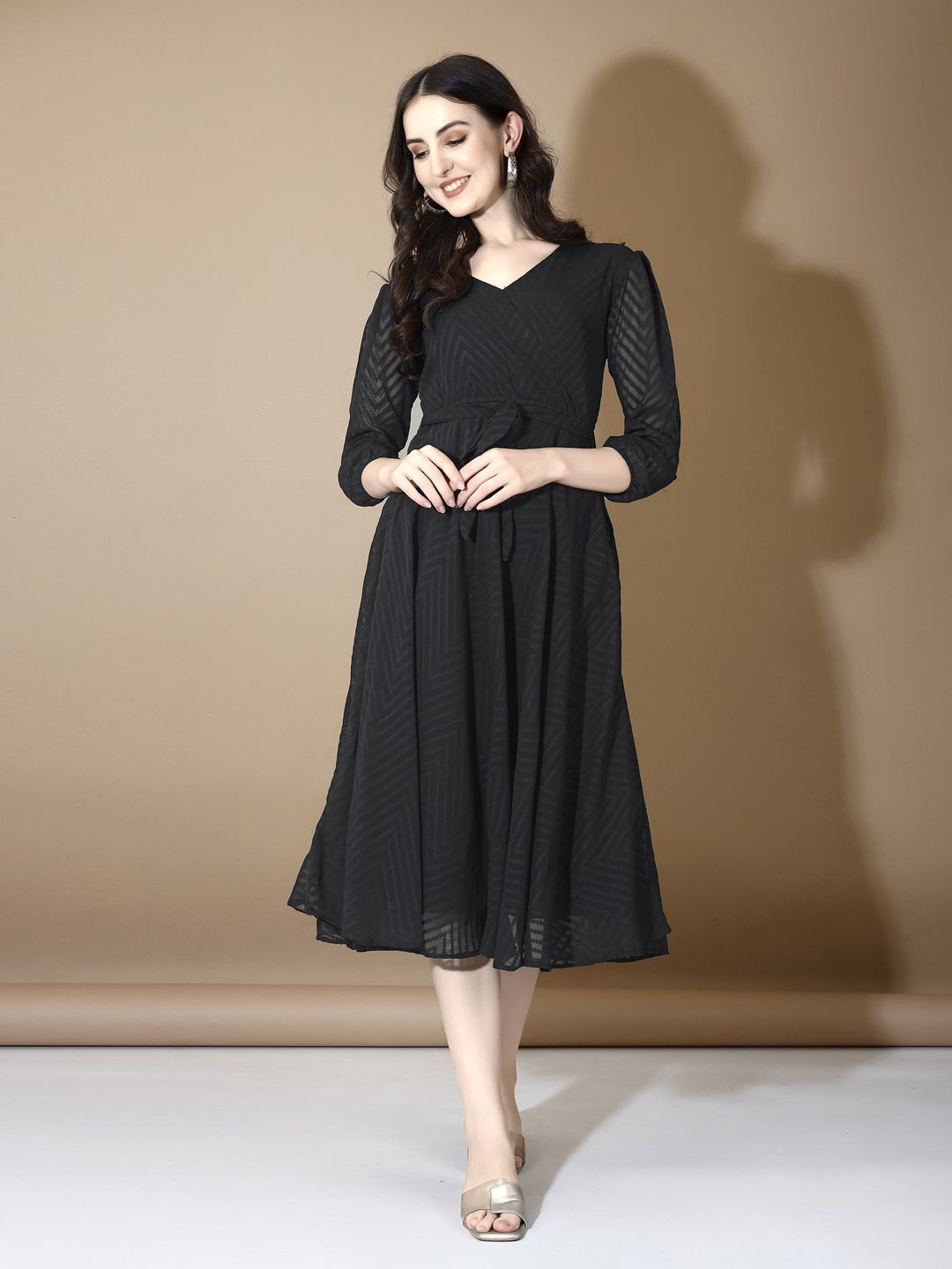 

KALINI Striped Georgette Fit and Flare Midi Dress, Black
