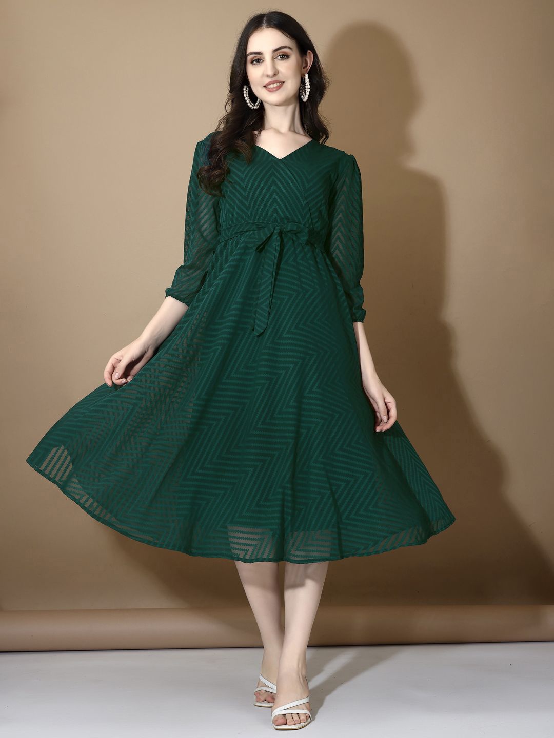 

KALINI Women Printed Georgette A-Line Midi Dress, Green
