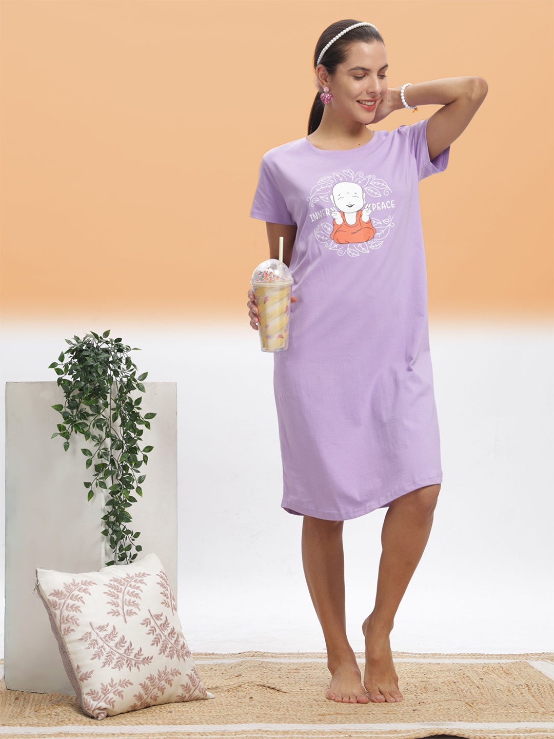 

9shines Label Women Printed Round Neck Short Sleeves Nightdress, Lavender