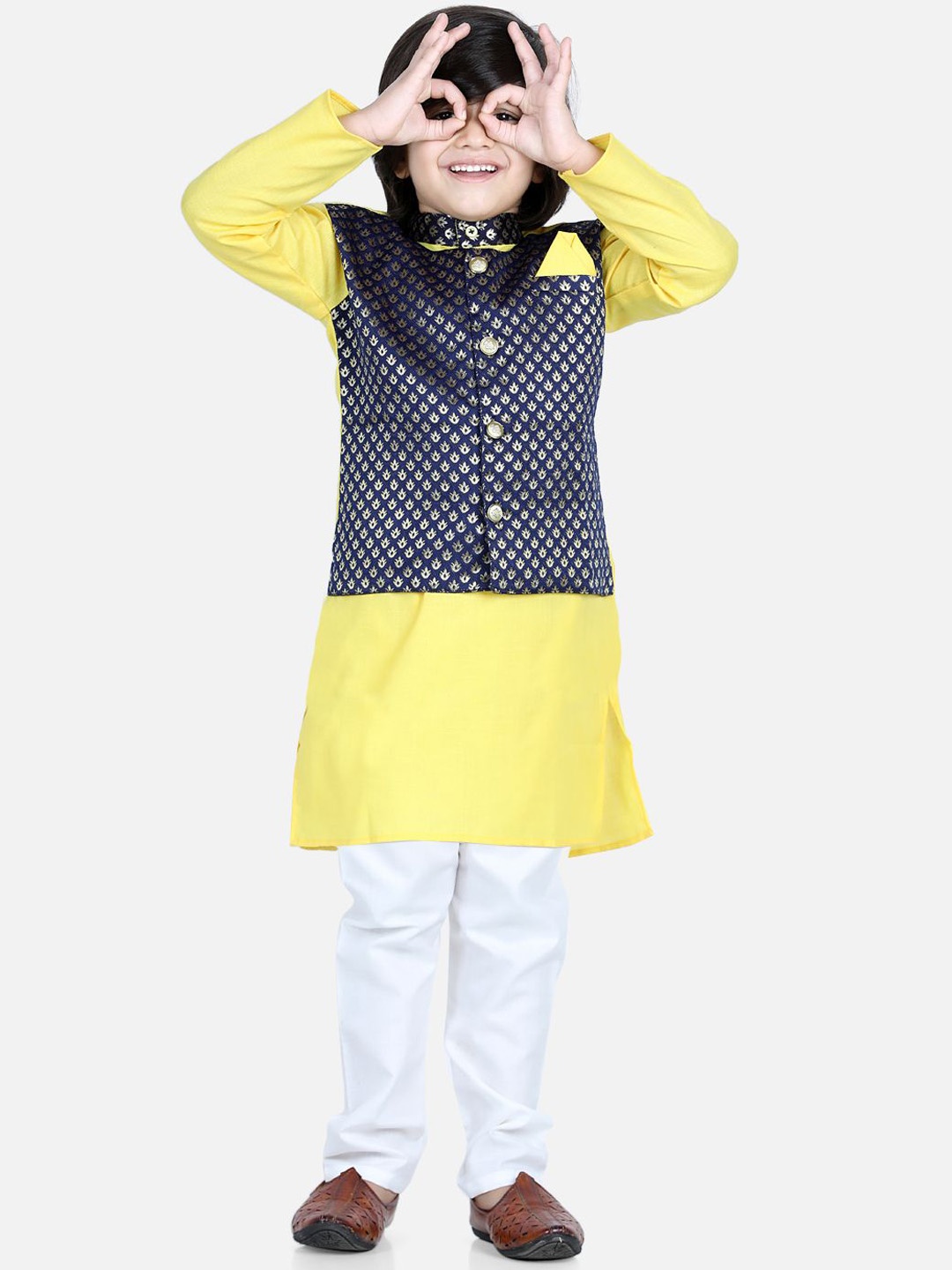 

BownBee Boys Mandarin Collar Regular Pure Cotton Kurta with Attached Jacket & Pyjamas, Yellow