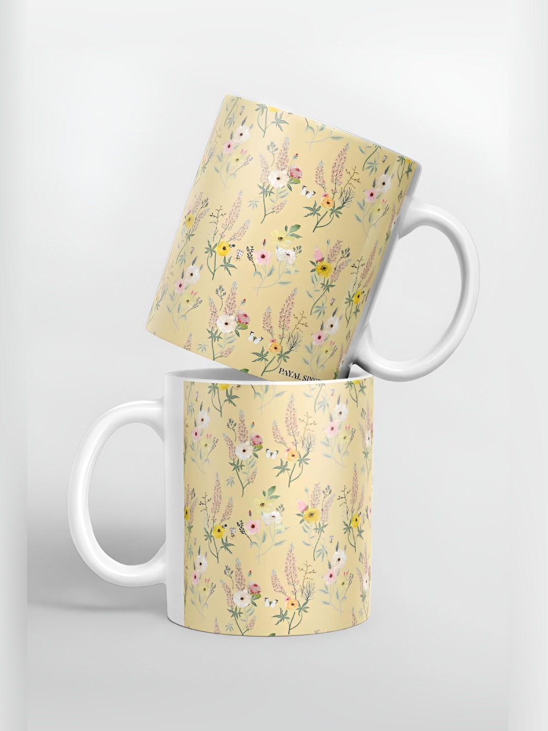 

macmerise Beige & White Floral Printed Ceramic Glossy Mug 325 ml