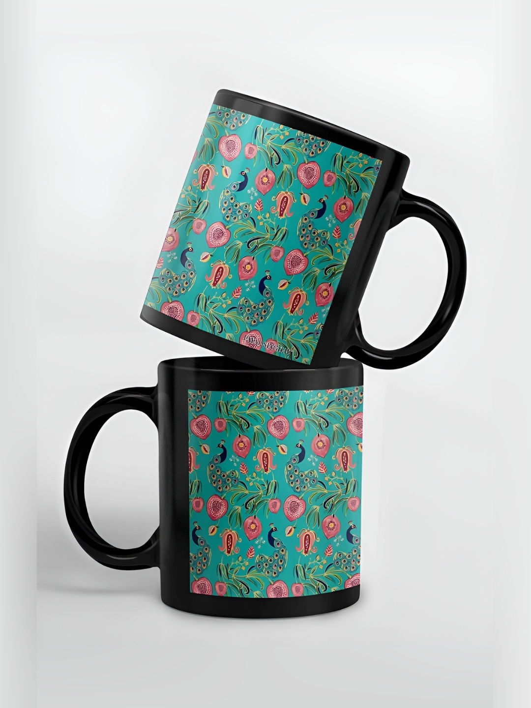 

macmerise Green & Pink Floral Printed Ceramic Glossy Finished Mug 325 ml