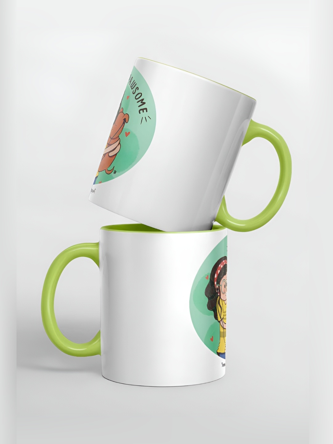 

macmerise White & Green Printed Ceramic Easy to Clean Glossy Mugs 325 ml