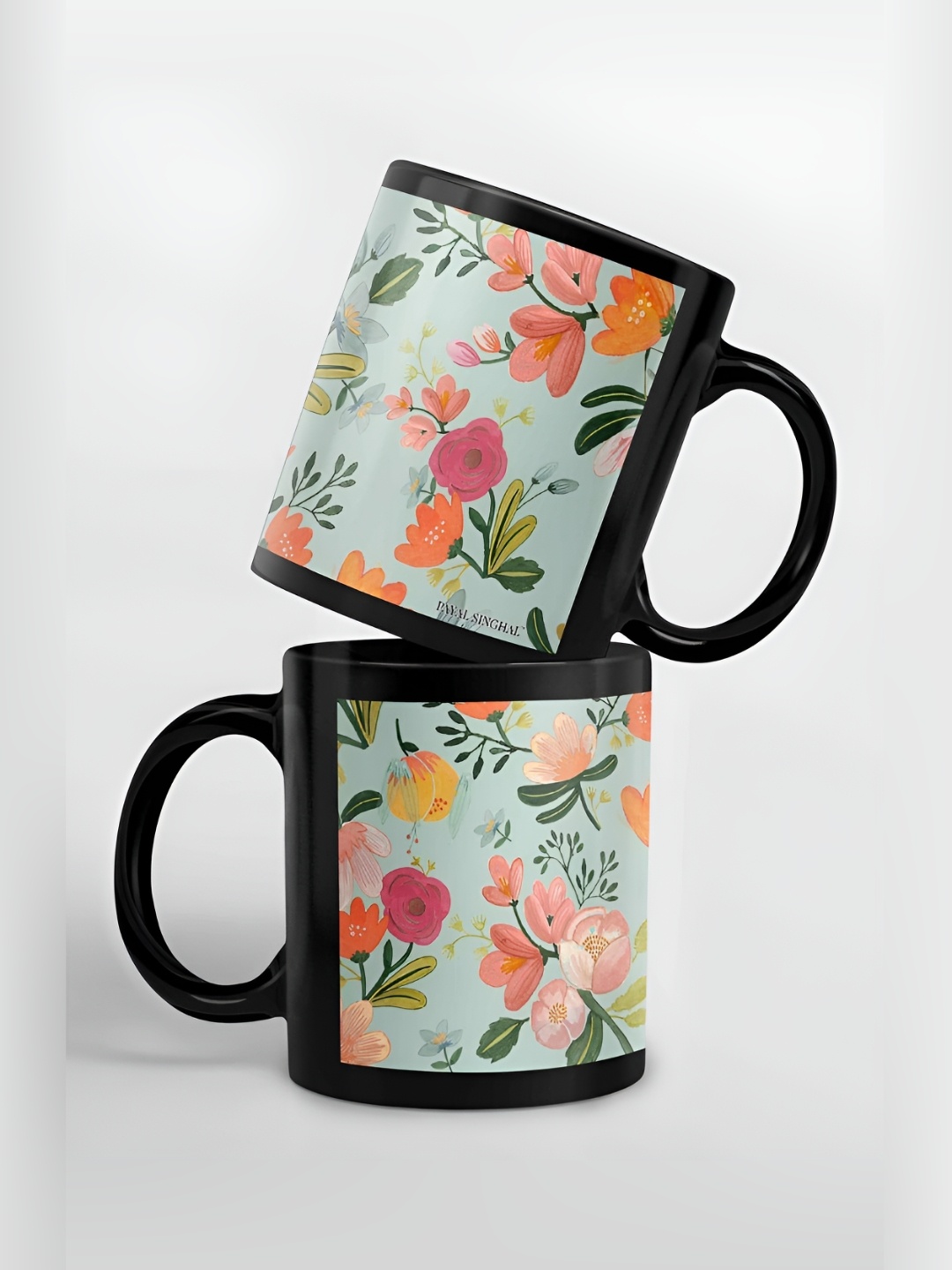 

macmerise Green & Black Floral Printed Ceramic Easy to Clean Glossy Mugs 325 ml